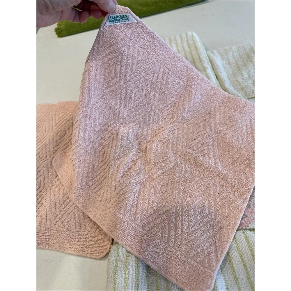 VTG Bathroom Towel Lot 4 Avocado Green Pink Floral Strip Bath‎ Hand Wash Retro